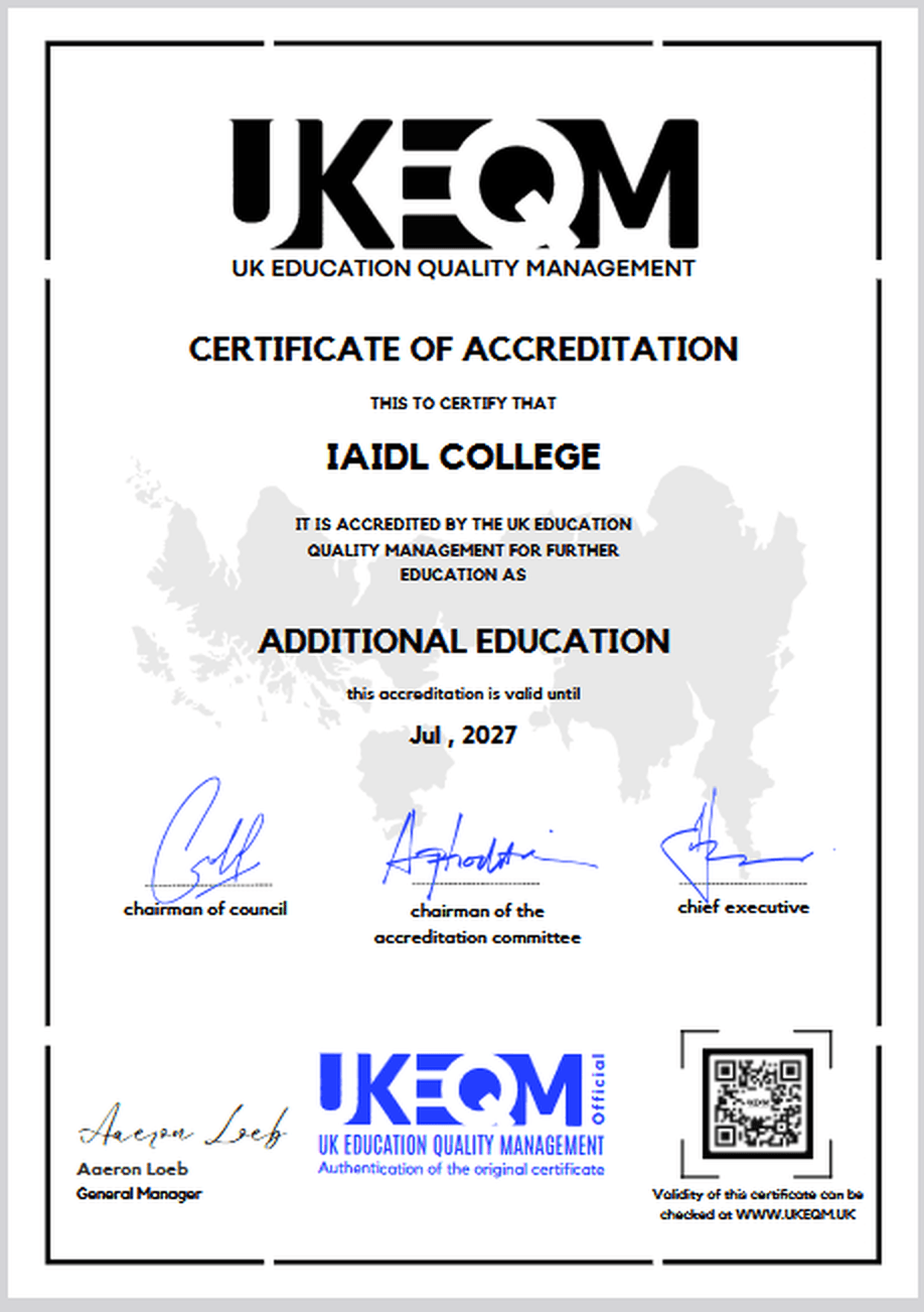 UKEQM Certificate of Accreditation for IAIDL College — valid until July 2027