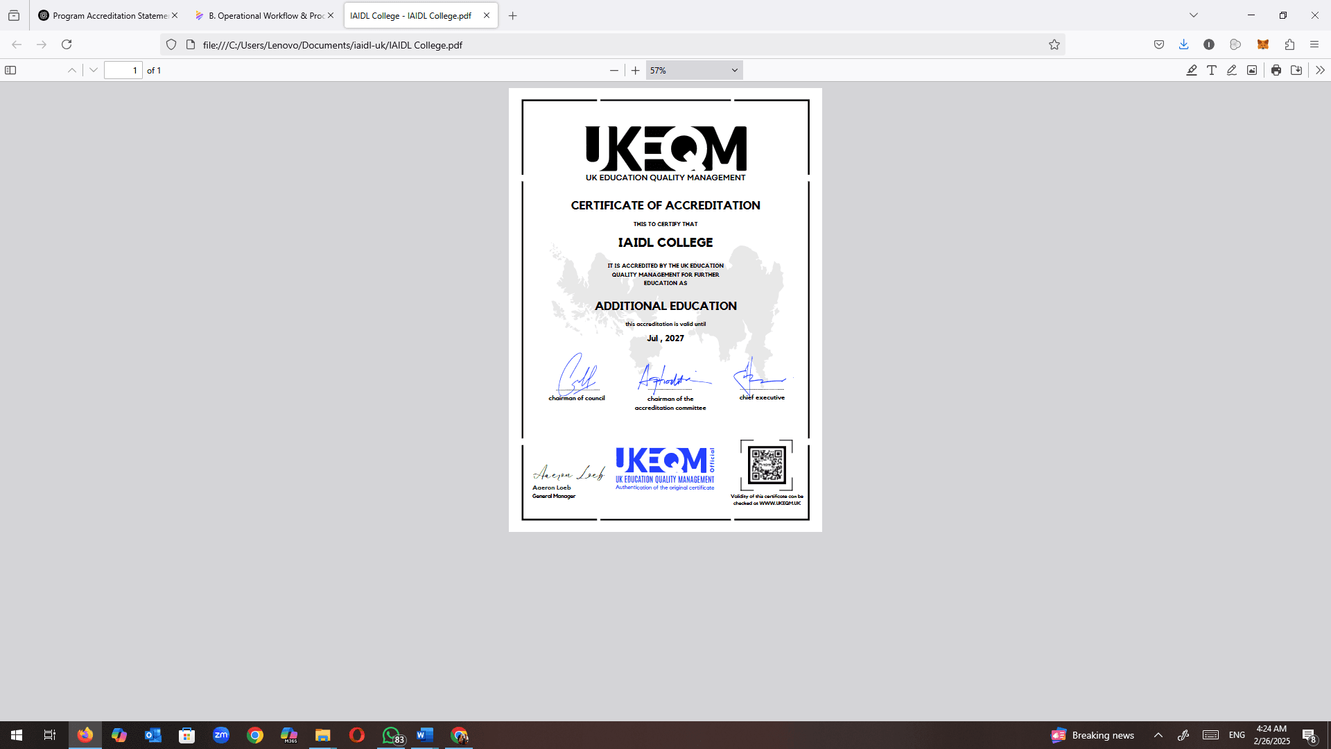 UKEQM Certificate of Accreditation for IAIDL College — valid until July 2027